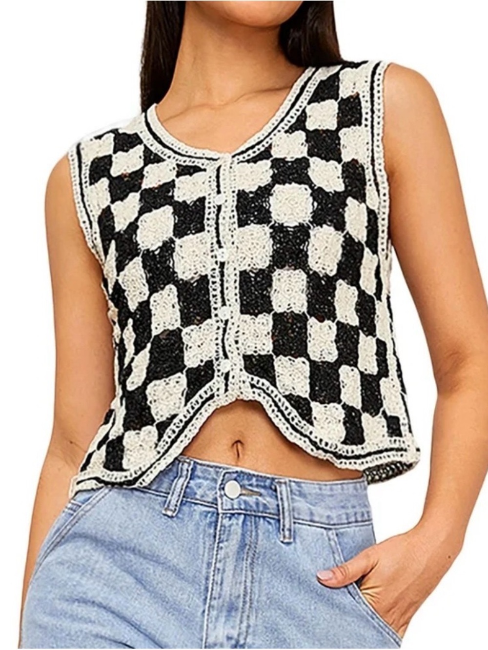 Checkerboard Crochet Sleeveless Crop Top - Black & White